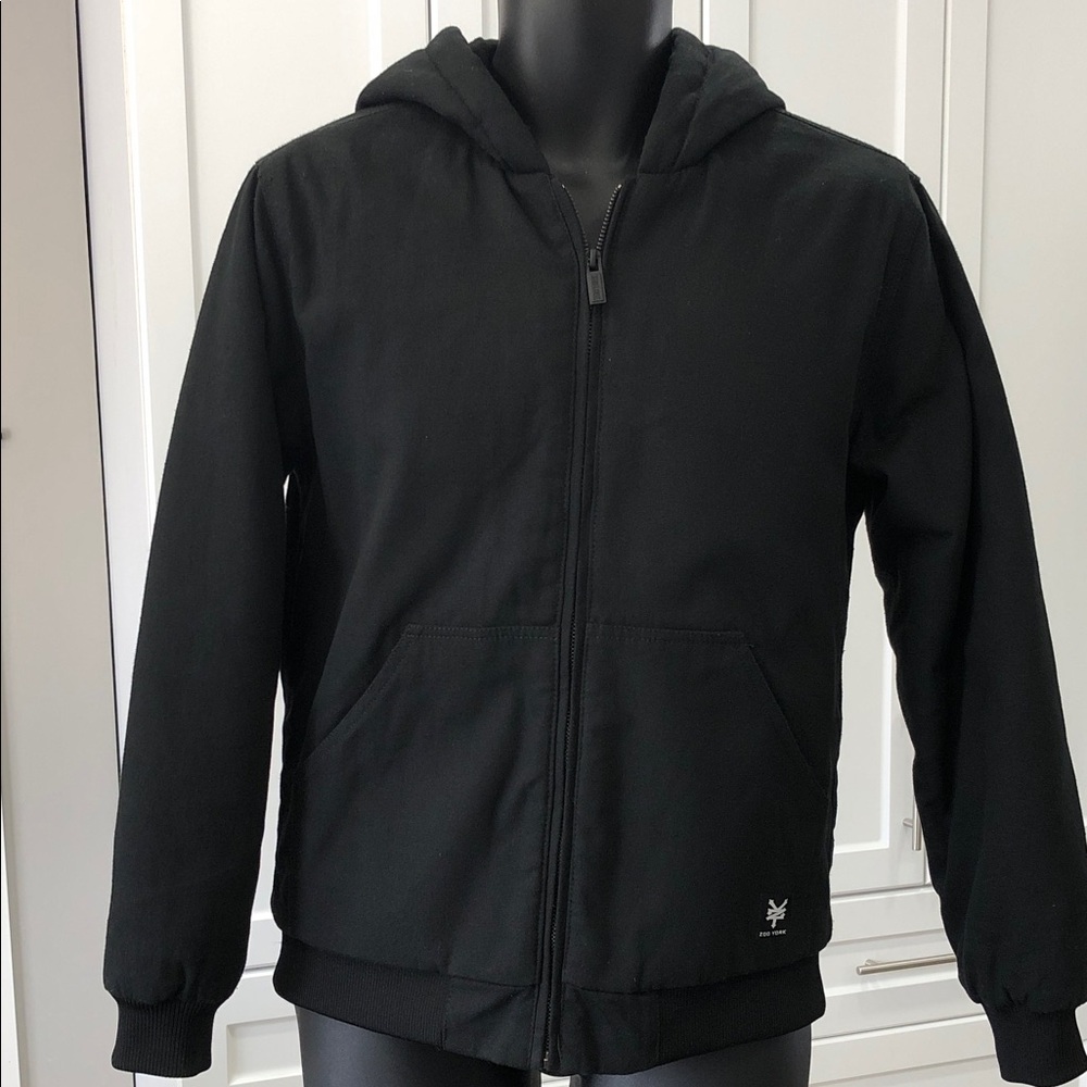 Zoo York Black Canvas Hooded Bomber Jacket | Fleece Lined | Youth XL (16)